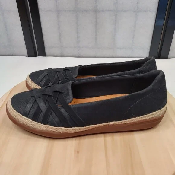 Clarks Collection Elaina Petal Woven Vamp Jute Trim Black Flats Women US 10M - Picture 6 of 13